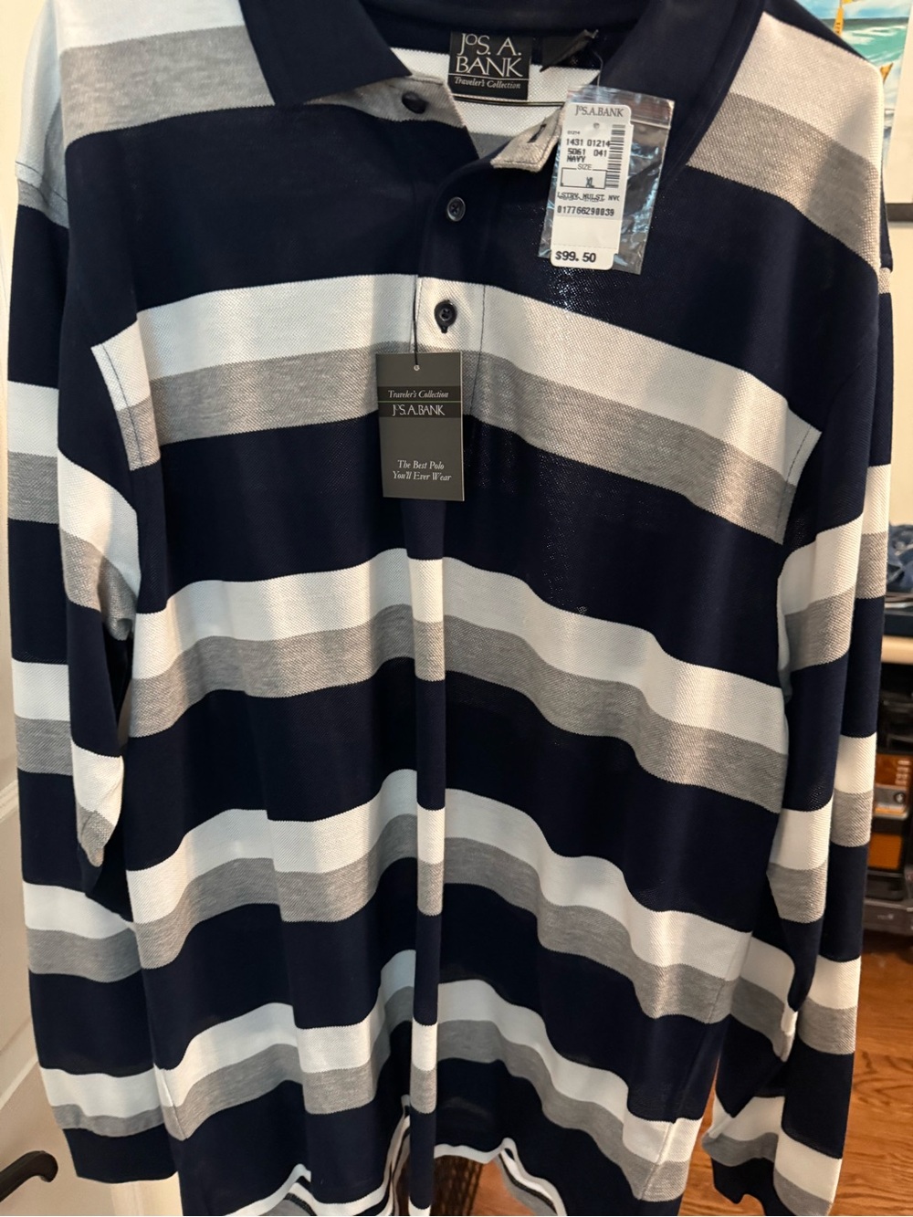 Jos. A. Bank Navy, White & Gray Striped Long-Sleeve Polo